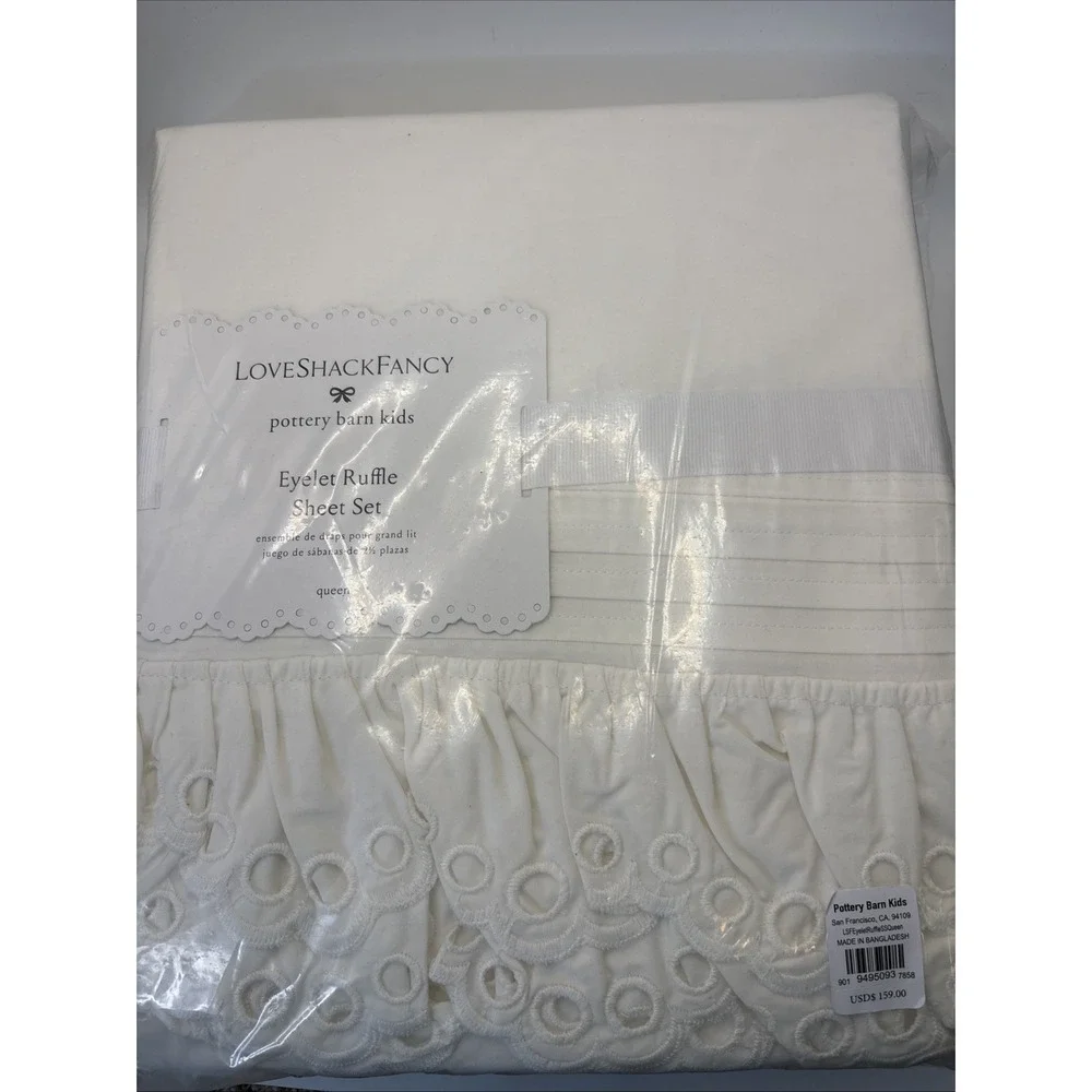Pottery Barn Teen LoveShackFancy Eyelet Ruffle Sheet Set Full Queen Cotton NEW